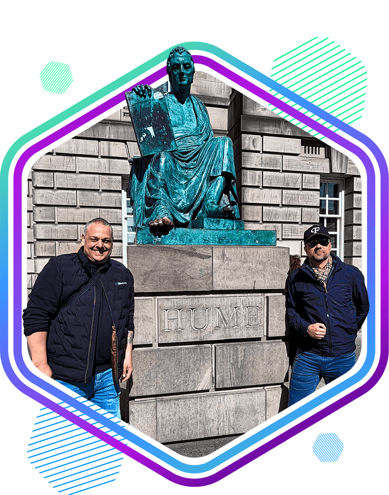 Blake and Ryan at the David Hume statue in Edinburgh